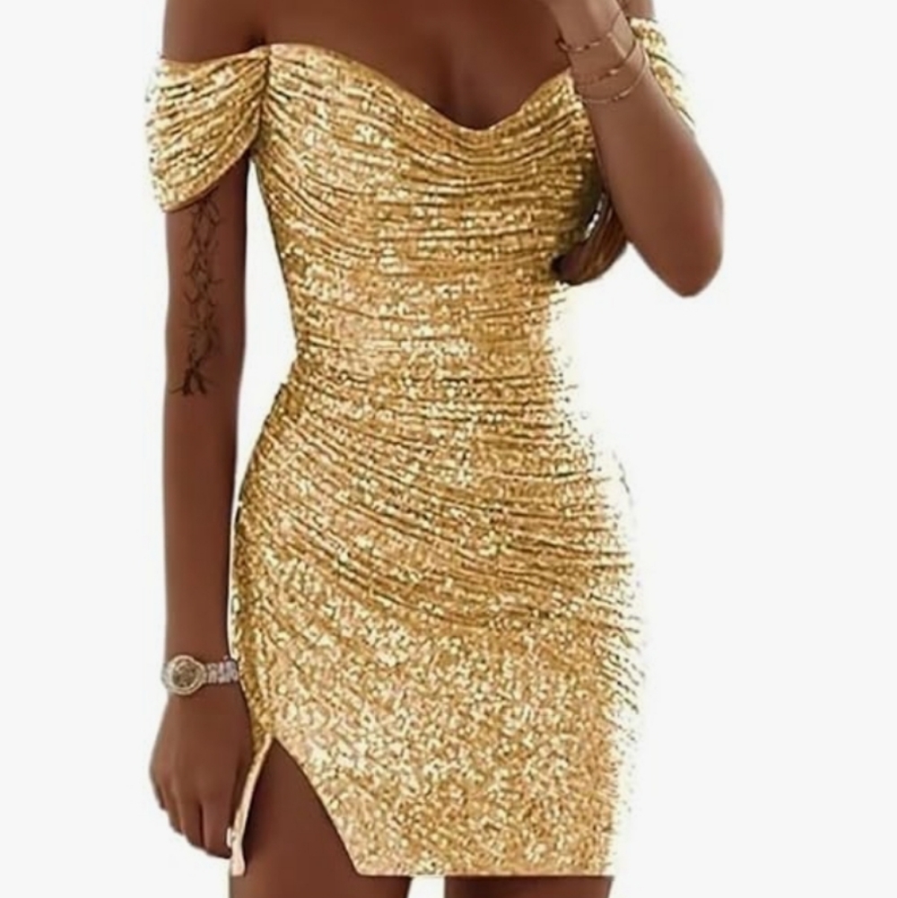 Gold Sequin Off The Shoulder Mini Dress Sparkly Short Bodycon